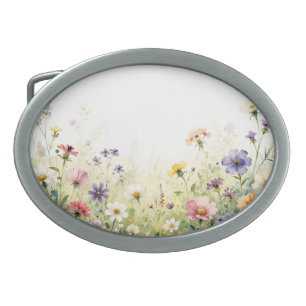 Watercolor Wildflower Meadow Pastel Floral Border Belt Buckle