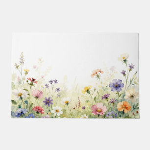 Watercolor Wildflower Meadow Pastel Floral Border Doormat