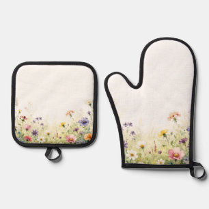 Watercolor Wildflower Meadow Pastel Floral Border Oven Mitt & Pot Holder Set