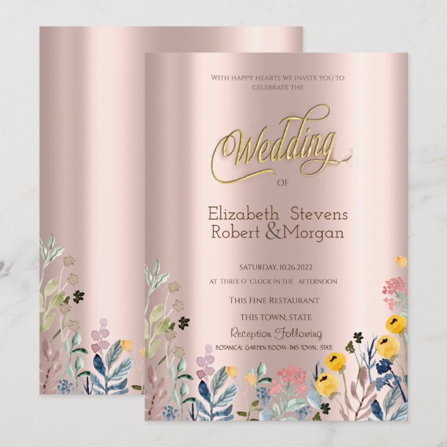  Watercolor Wildflower Meadow Rose Gold Invitation (Front/Back)