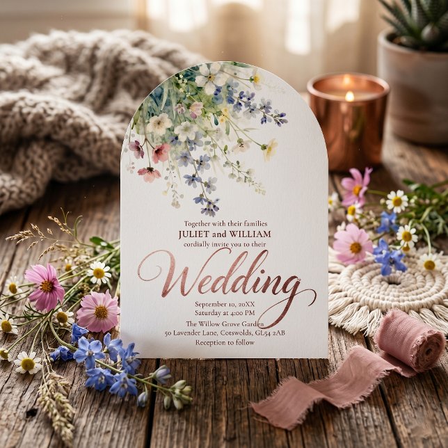 Watercolor Wildflower Meadow Rose Gold Wedding Invitation (Creator Uploaded)