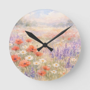 Watercolor Wildflower Meadow Scene Round Clock