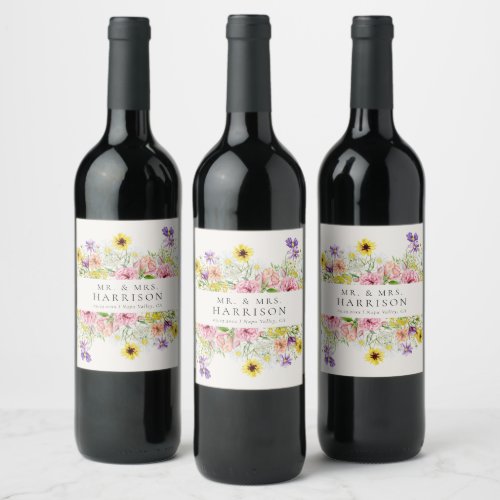 Watercolor Wildflower Meadow Wedding Wine Label