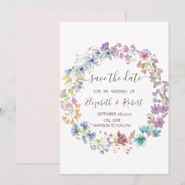 Watercolor Wildflower Meadow Wreath Save The Date (Front/Back)