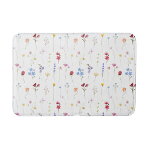 Watercolor Wildflower Minimalistic Boho Cottage Bath Mat