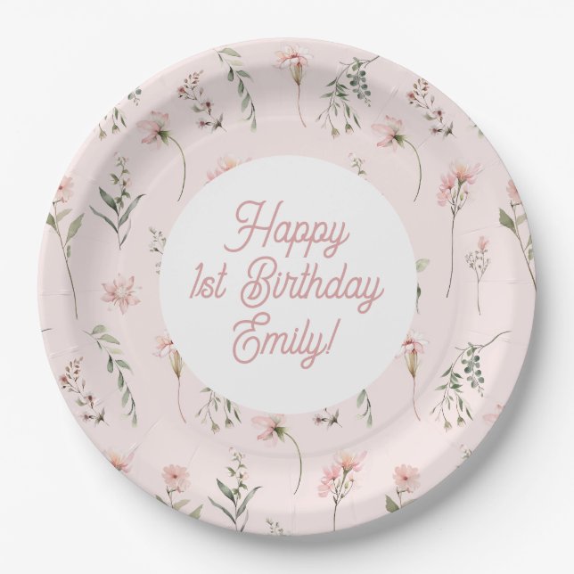 Watercolor Wildflower miss onederland 1st birthday Paper Plates (Front)
