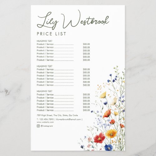 Watercolor Wildflower Modern Elegant Service Menu Flyer