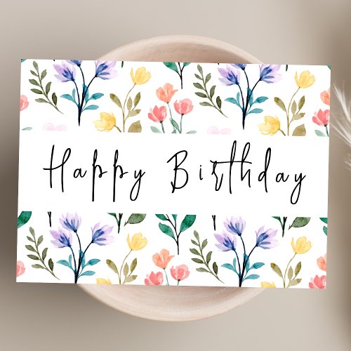 Watercolor Wildflower Modern Script Happy Birthday Card