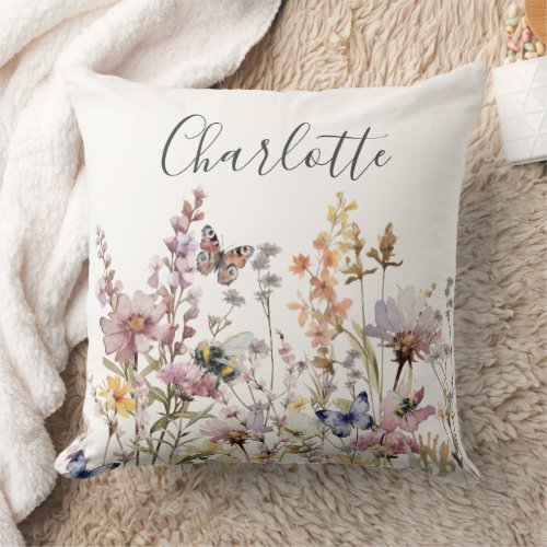 Watercolor Wildflower Monogram Name Throw Pillow