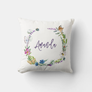 Watercolor Wildflower Monogram Throw Pillow