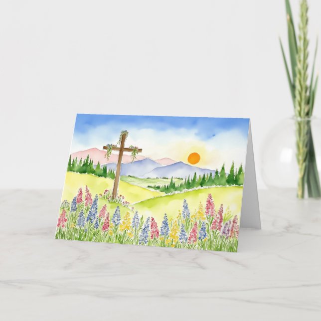 Watercolor Wildflower Mountain Cross 5 Easter Holiday Card (Front)