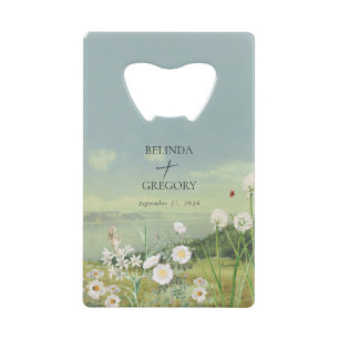 Watercolor Wildflower Mountain Landscape Wedding Credit Card Bottle Opener