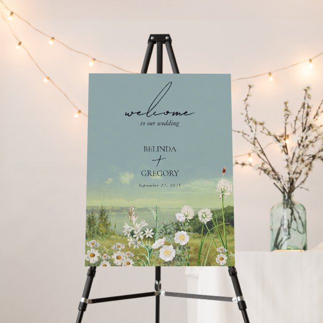 Watercolor Wildflower Mountain Landscape Wedding Foam Board (In Situ (Stand))