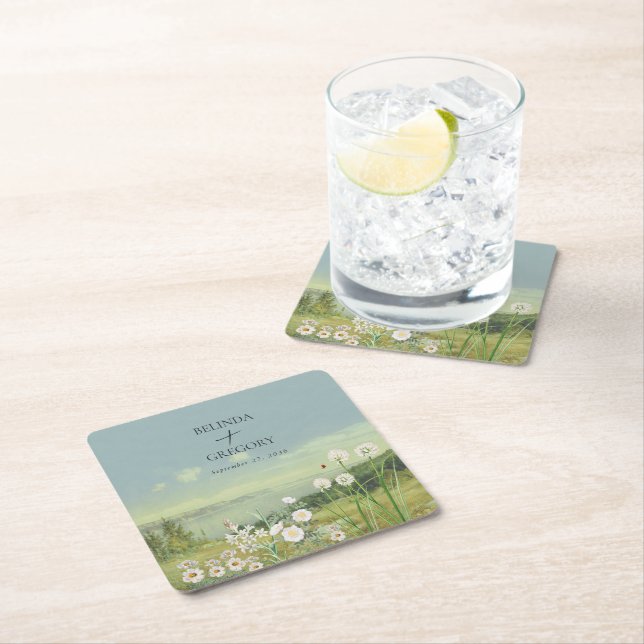 Watercolor Wildflower Mountain Landscape Wedding Square Paper Coaster (Insitu)