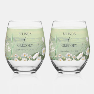 Watercolor Wildflower Mountain Landscape Wedding Stemless Wine Glass