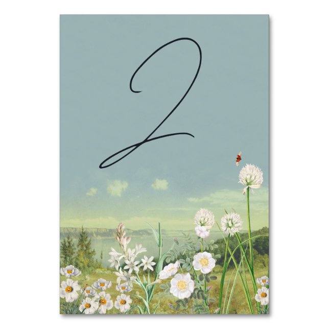 Watercolor Wildflower Mountain Landscape Wedding Table Number (Front)