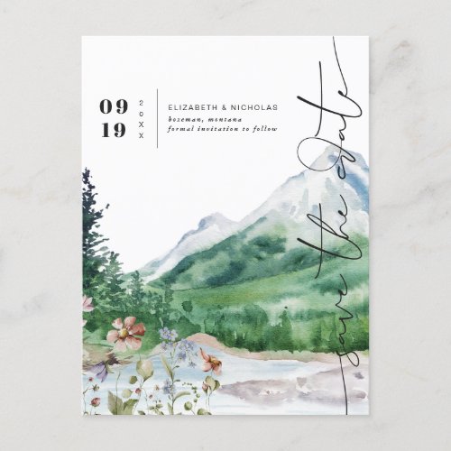 Watercolor Wildflower Mountain  Save the Date Announcement Postcard