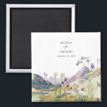 Watercolor Wildflower Mountain Wedding Favor Magnet<br><div class="desc">A beautiful watercolor wildflower and mountain wedding design. A unique design that uses watercolor wildflower botanicals and a watercolor mountain landscape in the background. A modern wild floral design with lakeside mountains and rivers. An elegant wedding magnet favor design with modern elements. Matching wedding invitations and other stationery items are...</div>