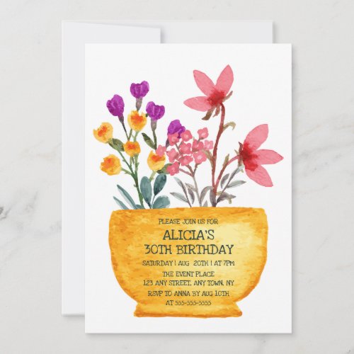 Watercolor Wildflower On Pot Birthday Invitation