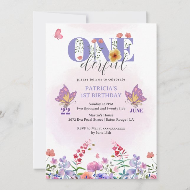 Watercolor Wildflower Onederful Butterfly Birthday Invitation (Front)