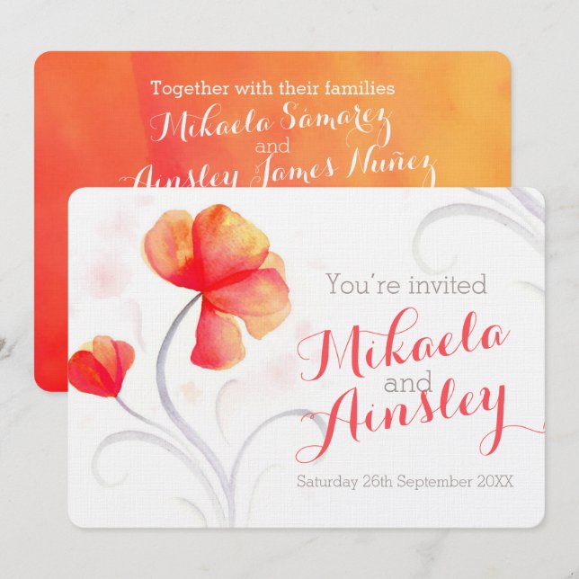Watercolor wildflower orange wedding invite (Front/Back)