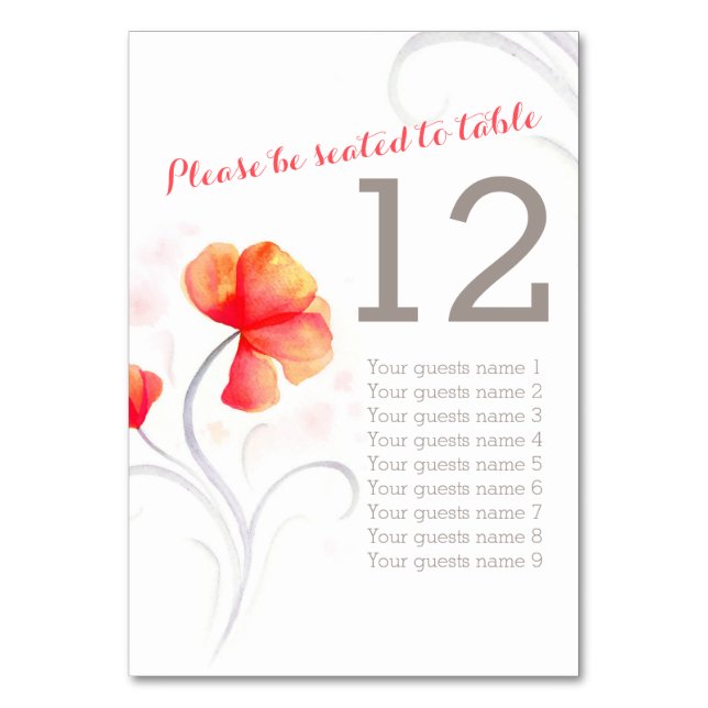Watercolor wildflower orange wedding table number (Front)