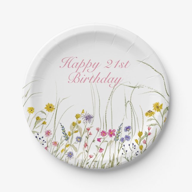 Watercolor Wildflower Party Plate- 21st Birthday Paper Plates (Front)