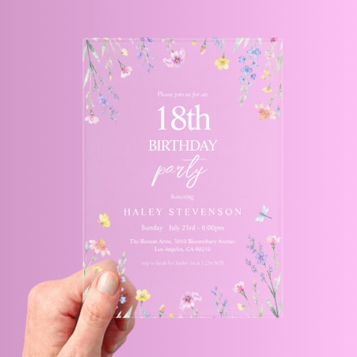 Watercolor Wildflower Pastel Floral 18th Birthday Acrylic Invitations