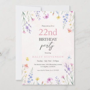 Watercolor Wildflower Pastel Floral 22nd Birthday Invitation