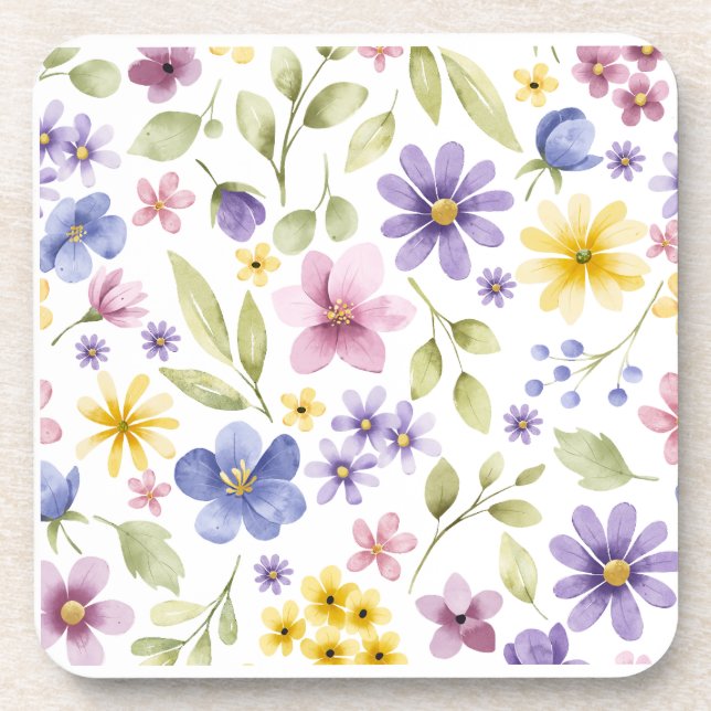 Watercolor Wildflower Pattern Beverage Coaster  (Front)