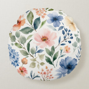 Watercolor Wildflower Pattern Modern Botanical Round Pillow