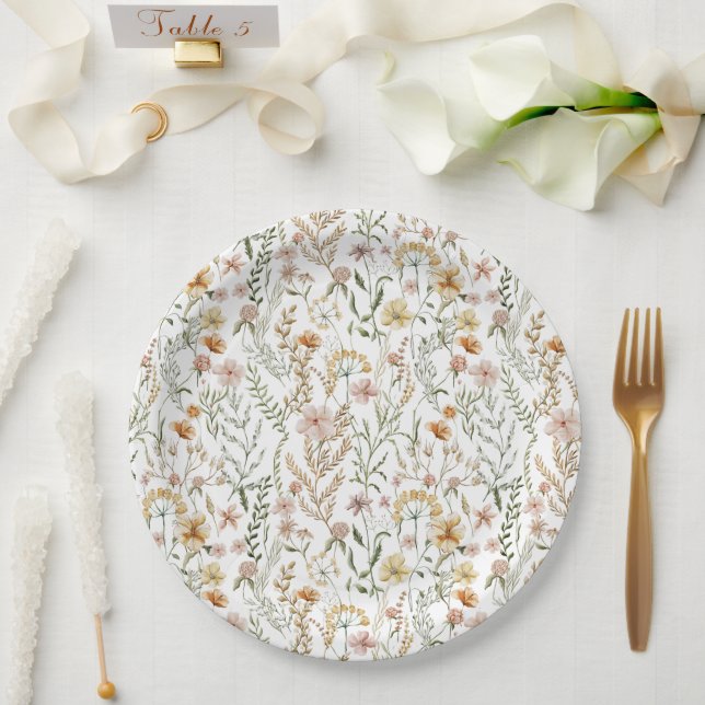 Watercolor Wildflower Pattern Paper Plates (Wedding)