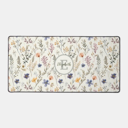 Watercolor Wildflower Pattern Sage Green Name Desk Mat