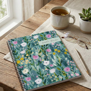 Watercolor Wildflower Personalized Sketchbook Teal Notebook