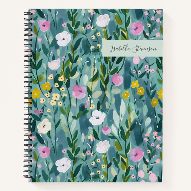 Watercolor Wildflower Personalized Sketchbook Teal Notebook (Front)