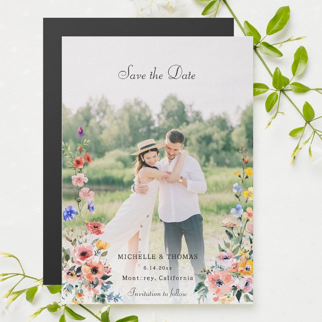 Watercolor Wildflower Photo Save the Date Magnetic Invitation (Creator Uploaded)