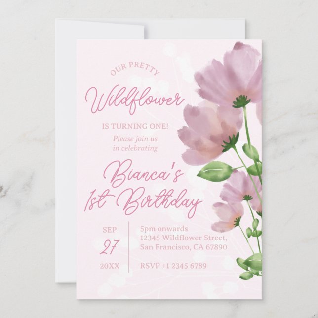 Watercolor Wildflower Pink 1st Birthday  Invitation (Front)