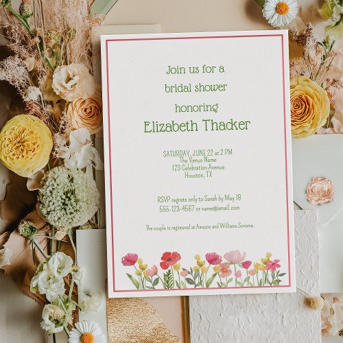 Watercolor Wildflower Pink and Green Bridal Shower Invitation