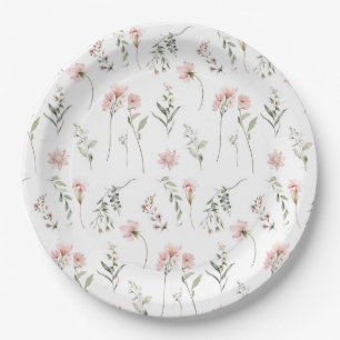 Watercolor wildflower pink and sage green party paper plates