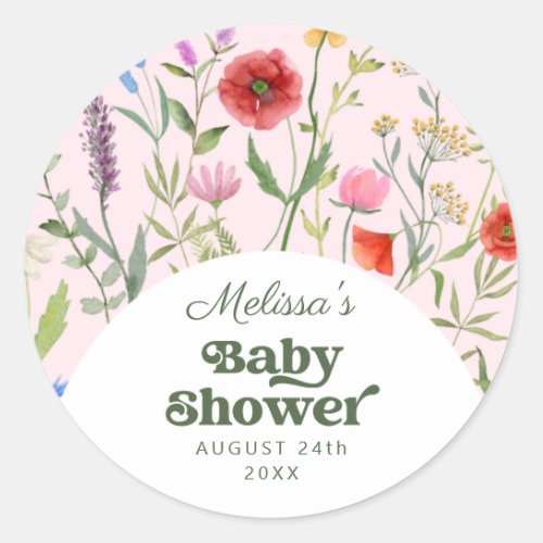 Watercolor Wildflower Pink Baby Shower  Classic Round Sticker