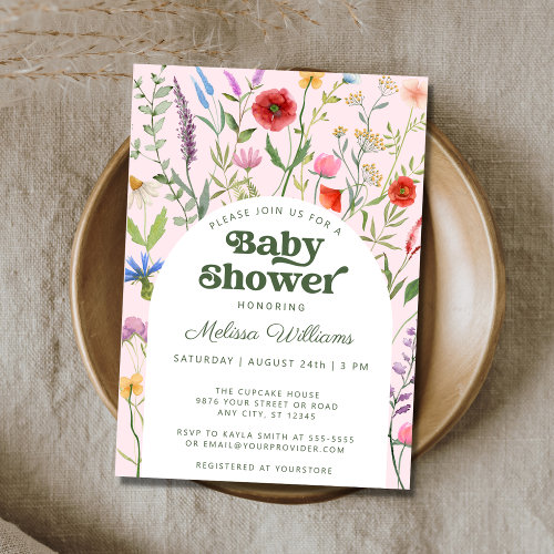 Watercolor Wildflower Pink Baby Shower Invitation