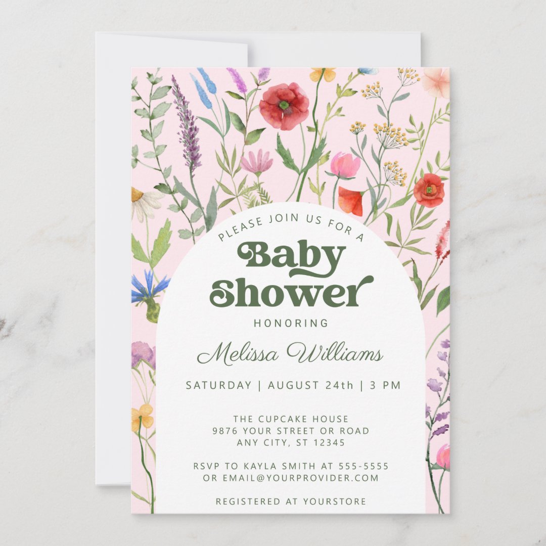 Watercolor Wildflower Pink Baby Shower Invitation | Zazzle