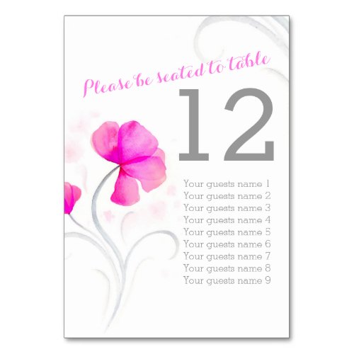 Watercolor wildflower pink wedding table number