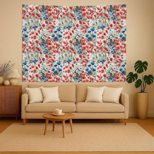 Watercolor Wildflower Poppy Daisy Botanical Tapestry