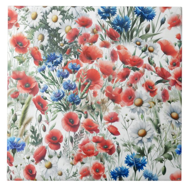 Watercolor Wildflower Poppy Daisy Ceramic Tile (Front)