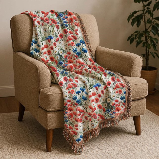 Watercolor Wildflower Poppy Daisy Throw Blanket (Throw)