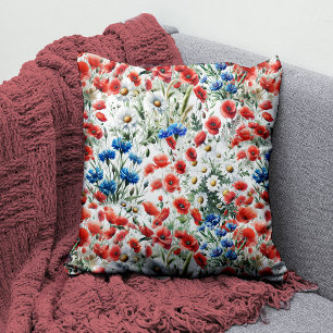 Watercolor Wildflower Poppy Daisy Throw Pillow