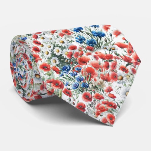 Watercolor Wildflower Poppy Daisy Tie