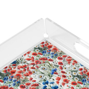 Watercolor Wildflower Poppy Daisy Vanity Acrylic Tray