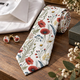 Watercolor Wildflower Poppy Floral Pattern Neck Tie